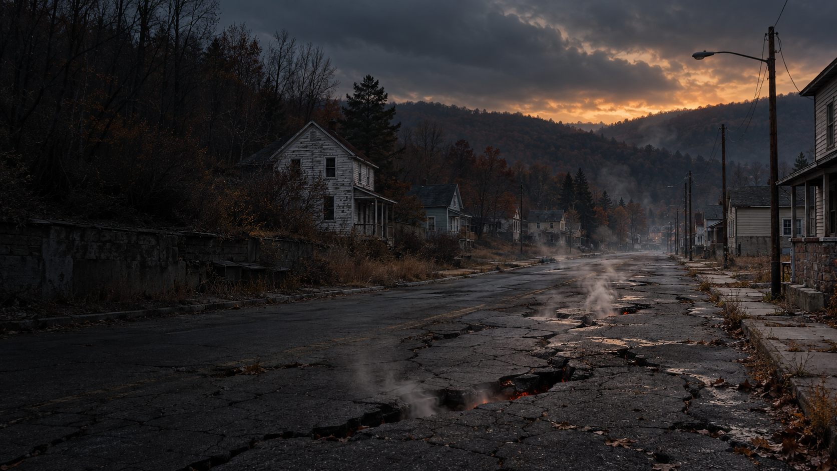 An abandoned road in Centralia with steam rising from cracks at dusk
